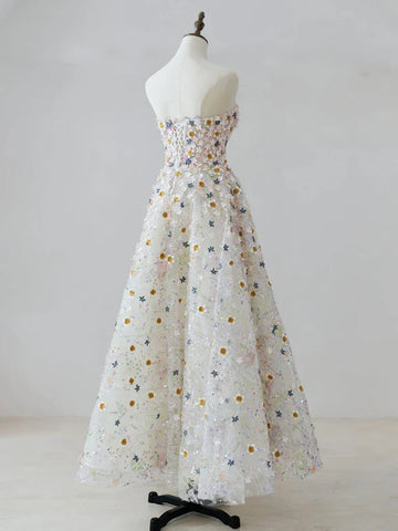 A Line Sweetheart Neck Tulle Lace Flower Long Prom Dress Formal Dress HZ1023